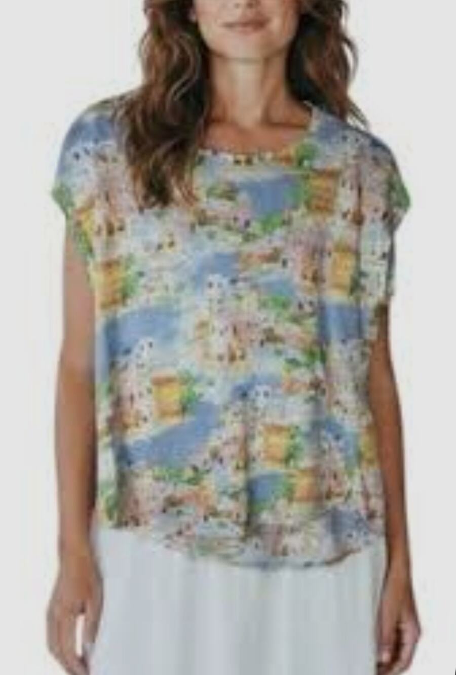 Cynthia Rowley 100% Linen Greek Island Landscape Print Top Size Large